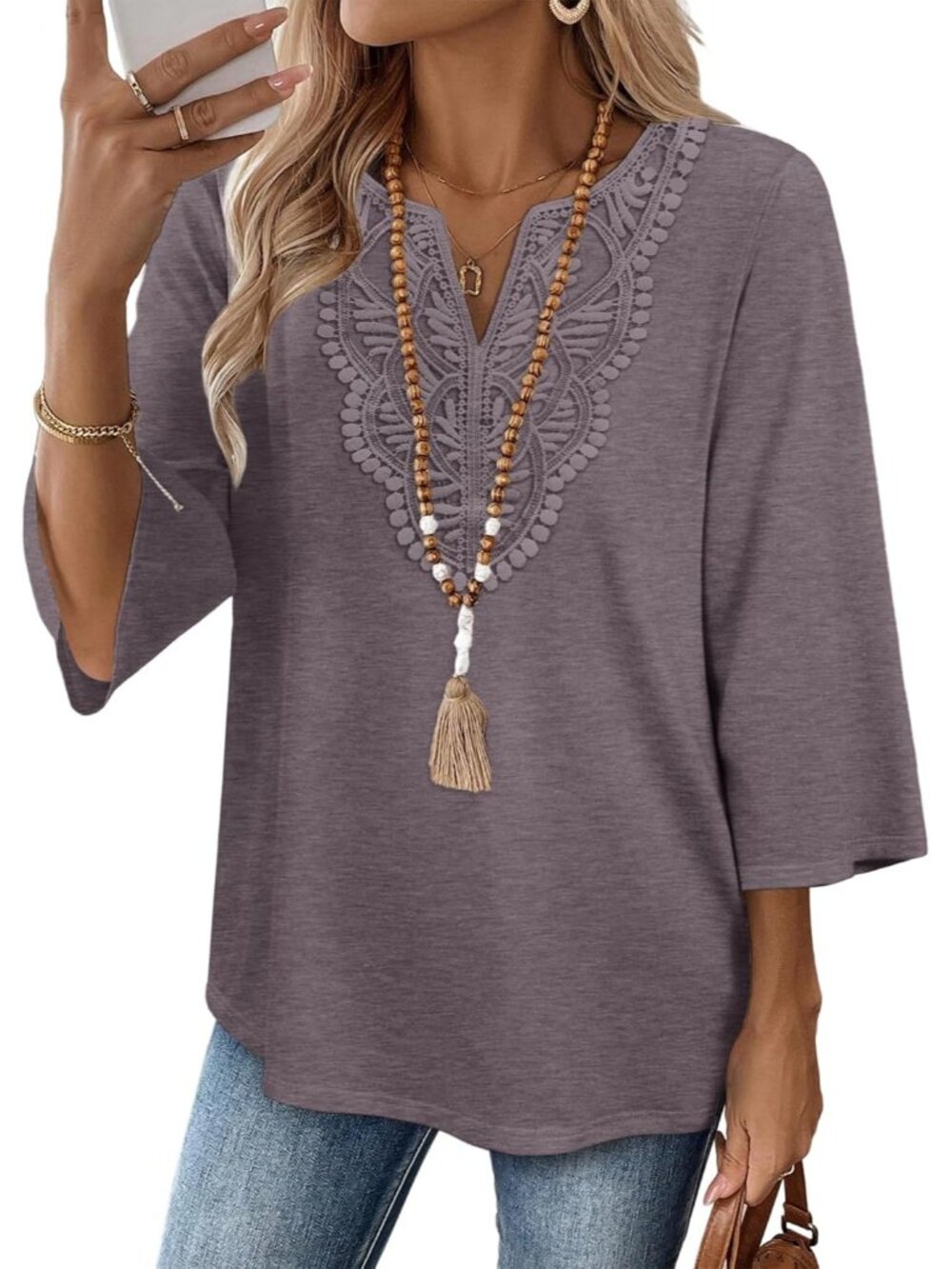 Women's Tops Purple 3/4 Length Sleeve Boho V Neck Lace Casual Vacation Clothes